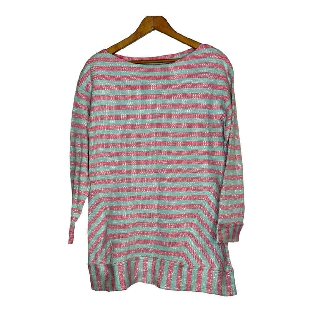 Soft surroundings size small pink & aqua striped 3/4 sleeve 100 cotton top
